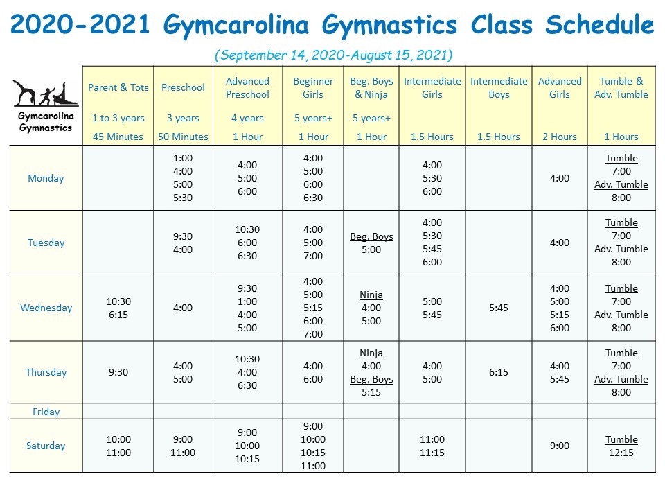 Gymnastics Class Schedule